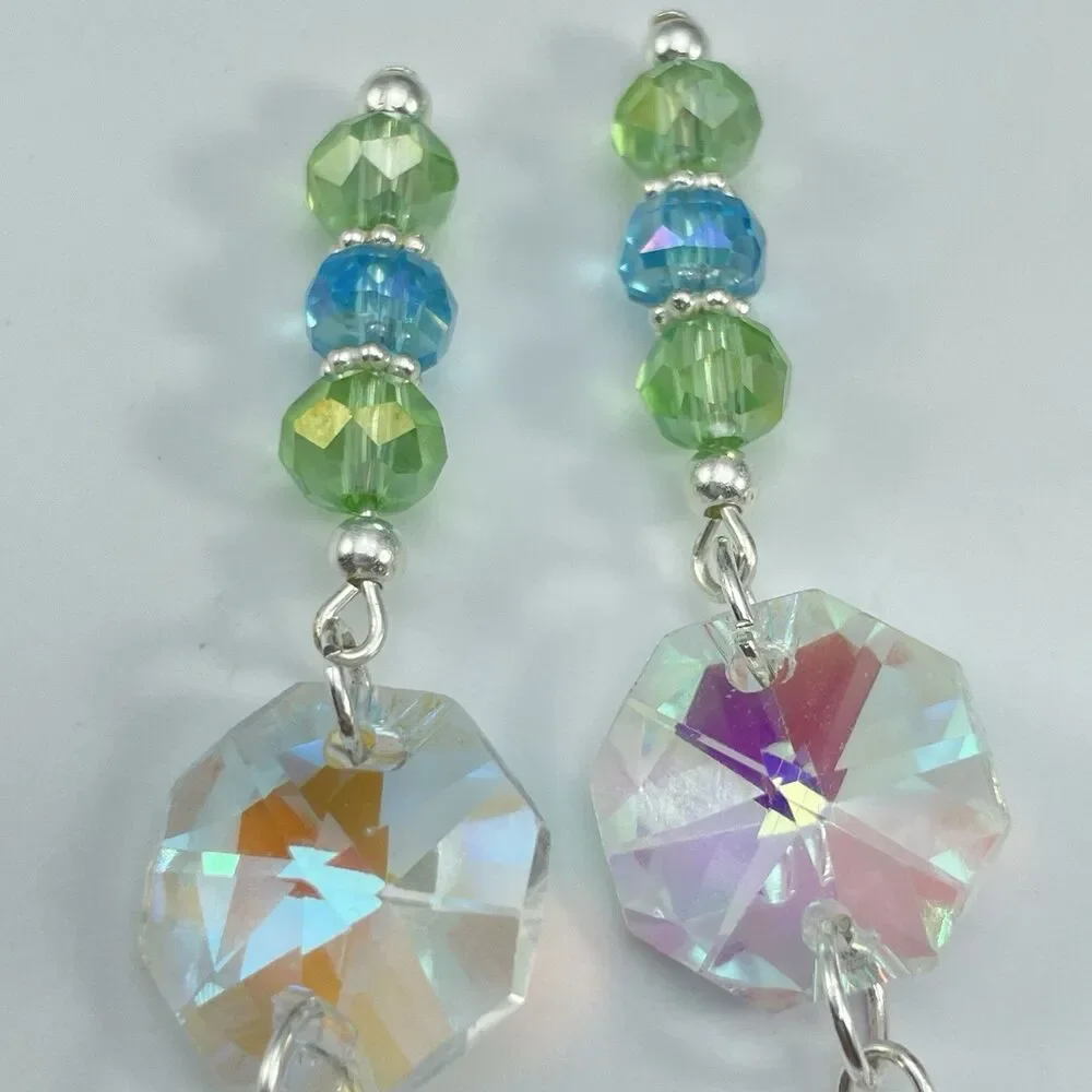 Silver White AB Green Blue Glass Beaded Dangle Earrings Unique